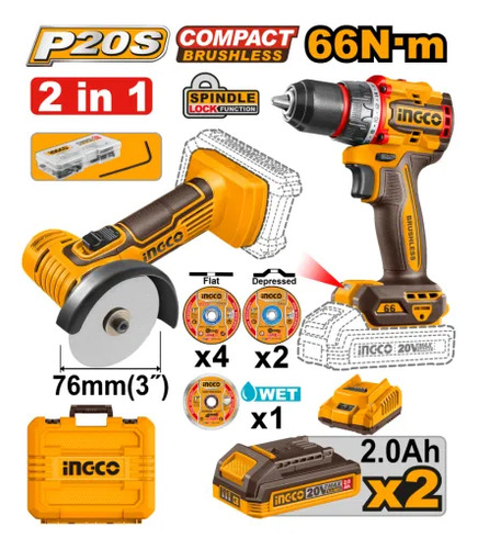 Mini Amoladora 3 + Taladro Atornillador Ingco Ckli20766 Amarillo 50/60 - Imagen 2