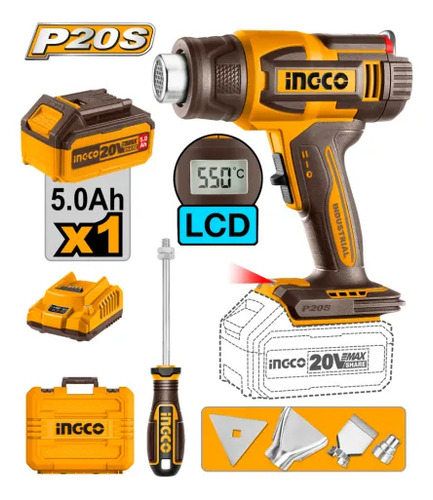Pistola De Calor 20v Con Bateria Cargador Valija Accesorios Amarillo - Imagen 2