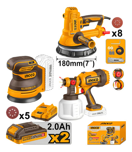 Kit Ingco Cosli250282: Lijadora, Pistola Y Discos 9 Pzas