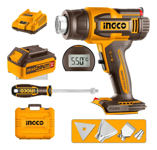 Pistola De Calor 20v Con Bateria Cargador Valija Accesorios Amarillo