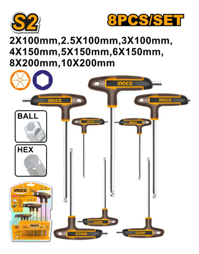 Set 8pcs Juego Llaves Allen Con Mango Ingco Hhkt80828 Negro Con Amarillo - Imagen 2