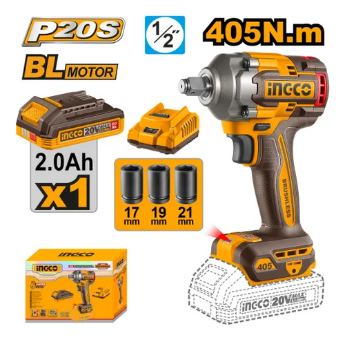 Llave Impacto 20v 405nm 1/2 + Accesorios Ingco Ciwli20455 Amarillo 50/60 - Imagen 2