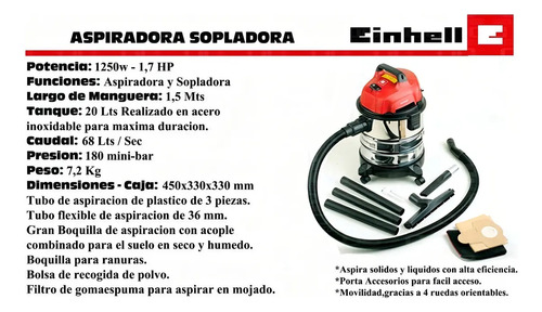 Aspiradora Industrial Einhell Expert Tc-vc 1820 S De Tambor 20 L Para Líquidos Y Sólidos Rojo/plata - Imagen 7