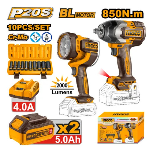 Kit 20v C/llave De Impacto + Linterna C/2 Bat+carg Ingco - Imagen 2