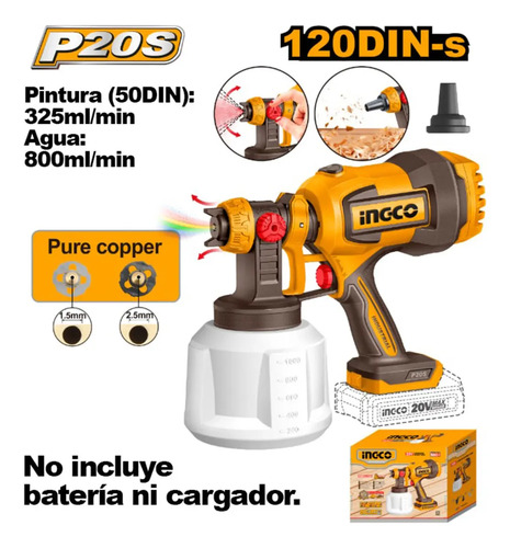 Pistola De Pintar Ingco 20v 800 Ml/min + Accesorios Amarillo Amarillo - Imagen 4