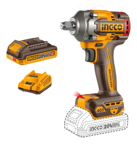 Llave Impacto 20v 405nm 1/2 + Accesorios Ingco Ciwli20455 Amarillo 50/60