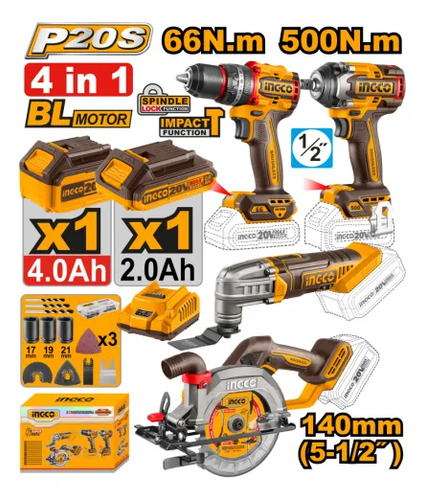 Kit A Bateria P20s 20v 4 Piezas Brushless Motor C/2bat Ingco